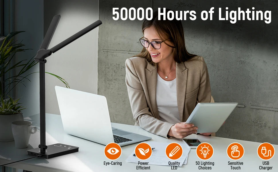 Double-Head LED Desk Lamp with USB Charging | Eye-Care Touch Control, 50 Lighting Modes