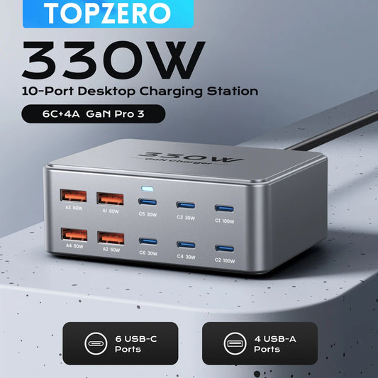 AS330W 330W GaN Desktop Charger – 10-Port USB-C & USB-A Fast Charging Station