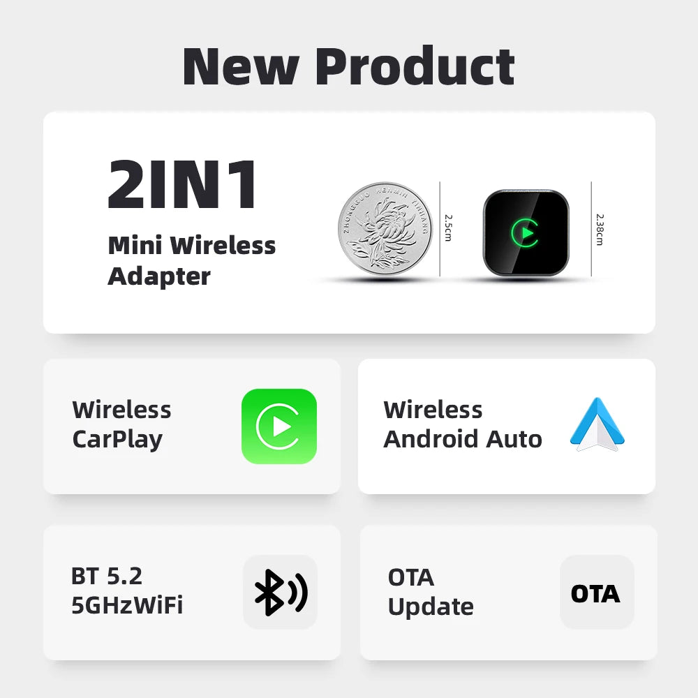EKIY Wireless CarPlay & Android Auto Adapter – 2-in-1 Wired-to-Wireless USB Smart Dongle with OTA Updates