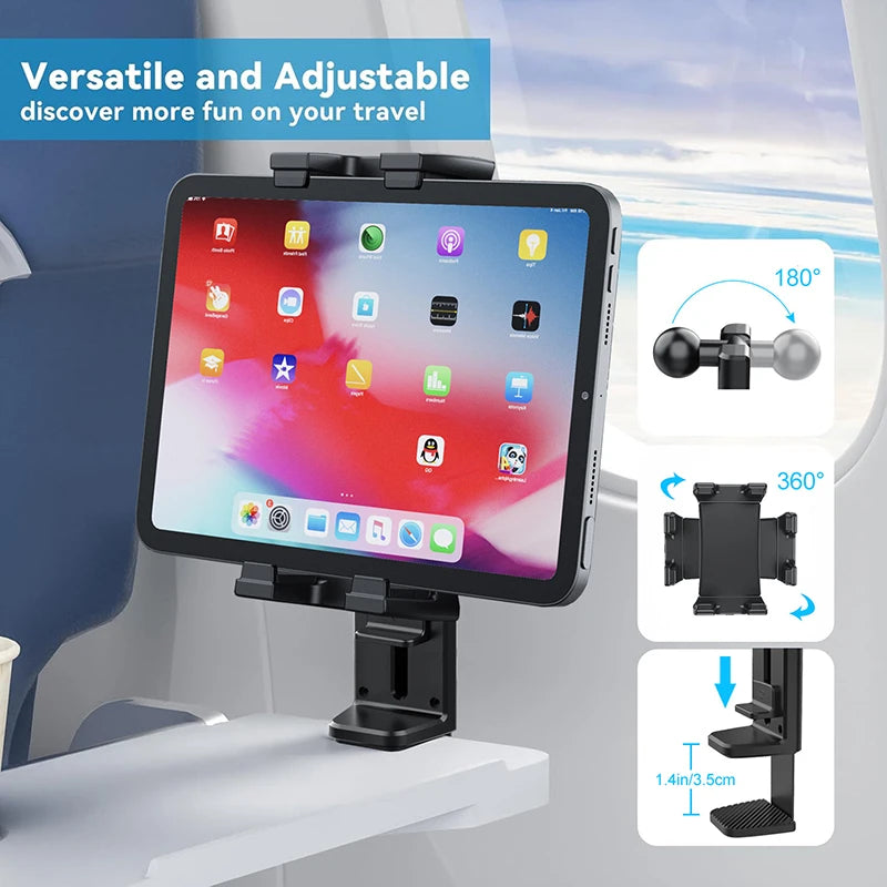 Airplane Phone Holder Clip-On – 360° Rotating Travel Phone Stand for Seat Tray & Desk