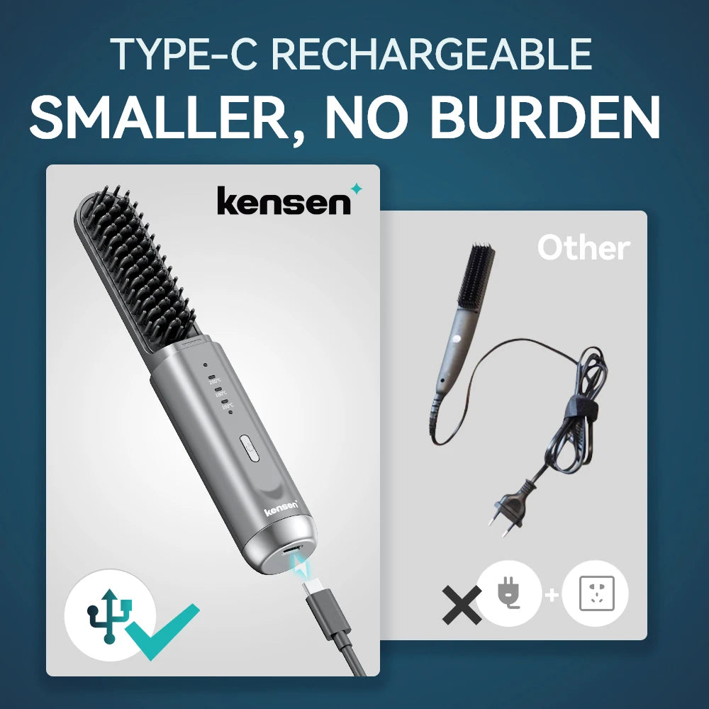 Kensen Cordless Hair Straightener Brush – Negative Ion USB Travel Styling Comb