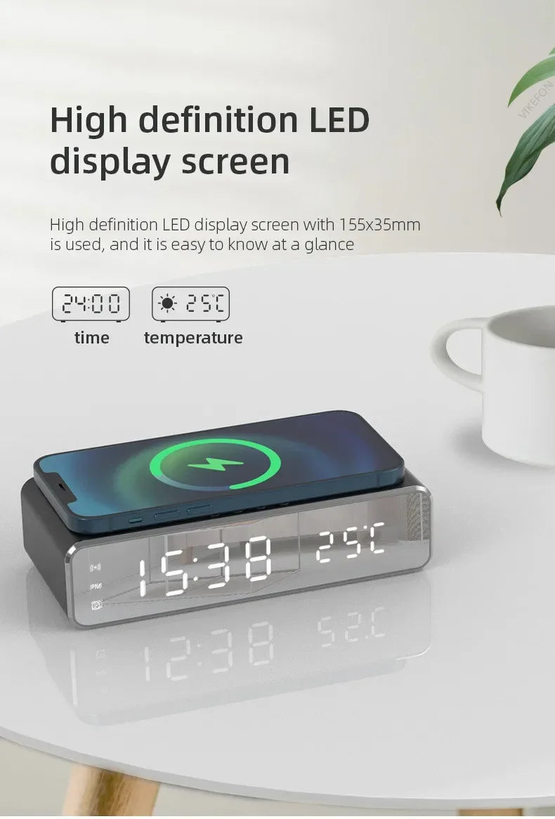 Opansten Wireless Charging Alarm Clock – 5W Qi Charger with Time, Temperature & LED Display