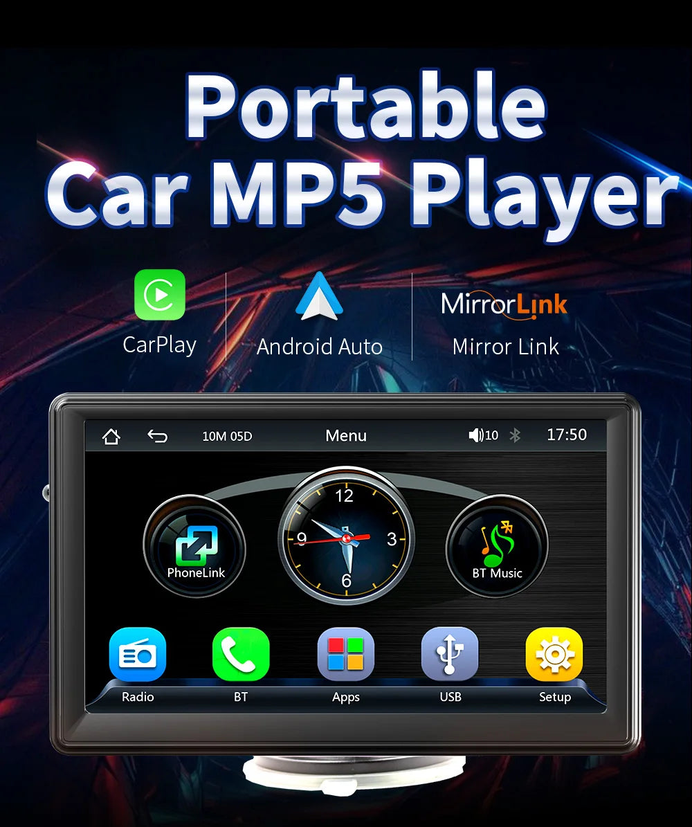 BQCC 7” Portable Wireless CarPlay & Android Auto MP5 Car Playe