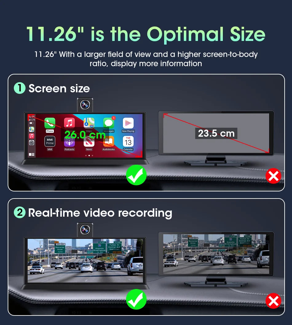 Jansite 10.26"/11.26" Wireless Apple CarPlay & Android Auto Screen with 4K Dash Cam Support