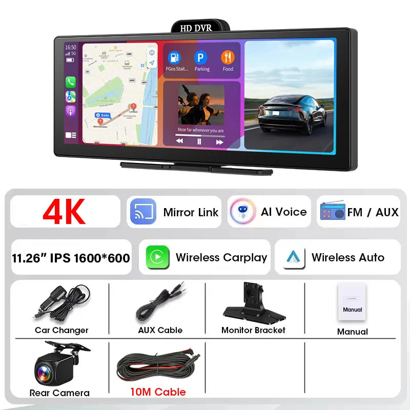 Srnubi 11.26" Portable 4K Car Dash Camera Dual Lens with IPS Touchscreen, Parking Monitor & ADAS