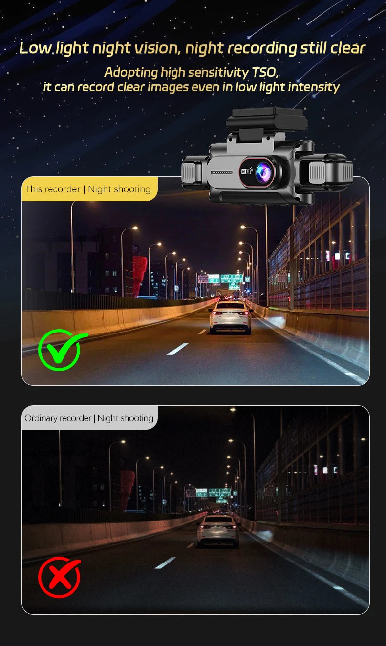 360° 4-Lens Dash Cam 1080P – WiFi Car DVR with Night Vision & Loop Recording