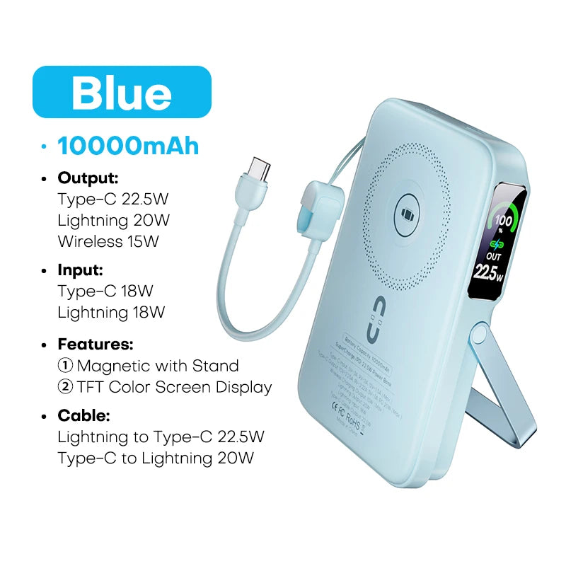 10000mAh Wireless Power Bank – 3-in-1 Magnetic Charger with TFT Display & Stand