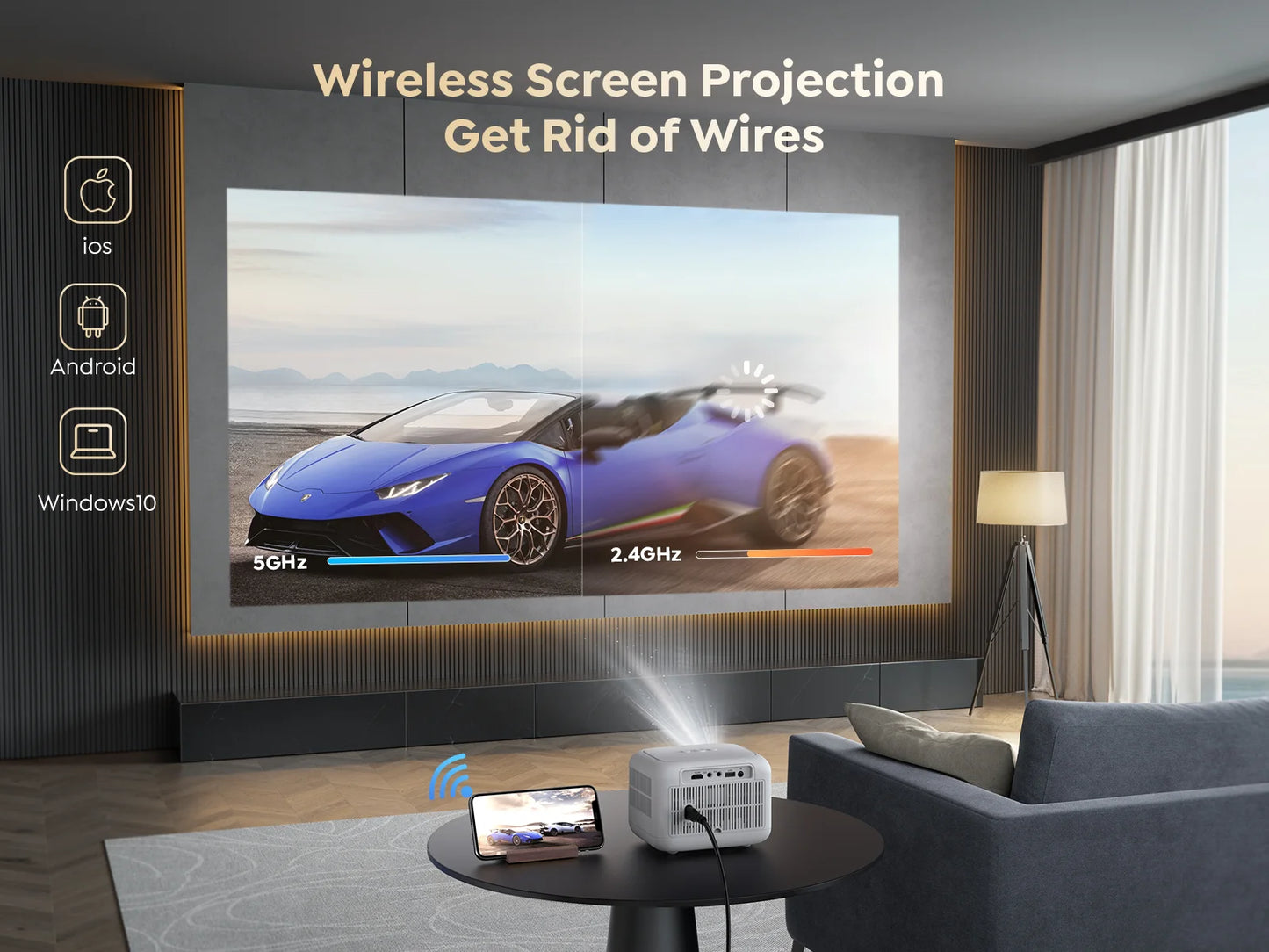 WiFi Bluetooth Projector – Auto Focus, Zoom, Outdoor Home Theater