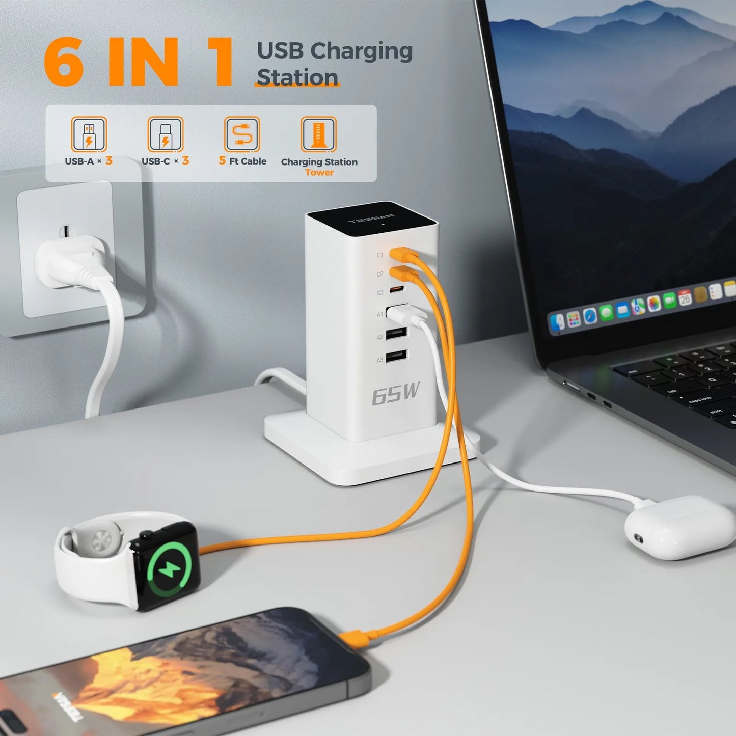 65W Multi-Port USB Charging Station – GaN Fast Charger with 3 USB-C + 3 USB-A (AU)