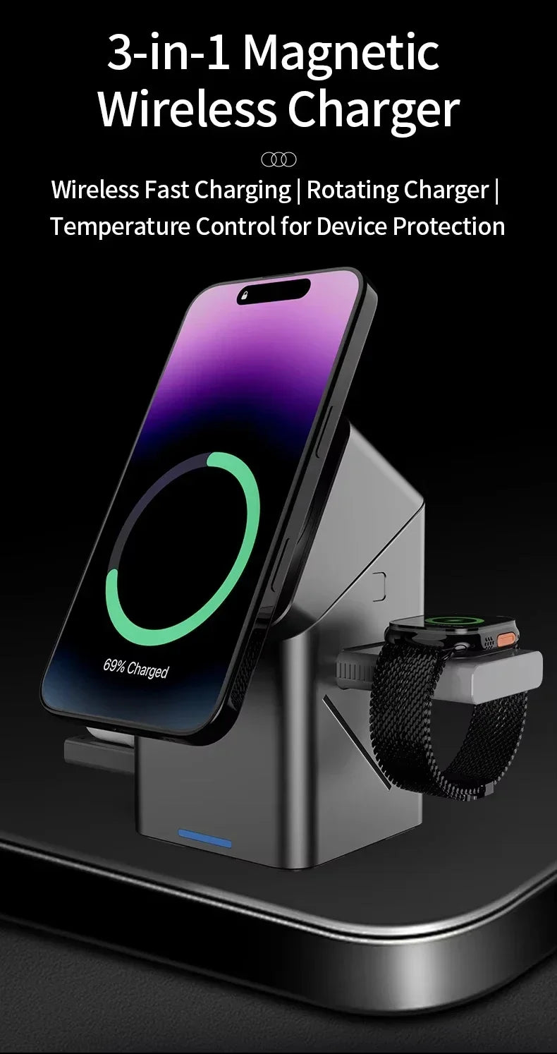 3-in-1 Automatic Magnetic Wireless Charging Stand – iPhone, Watch & AirPods