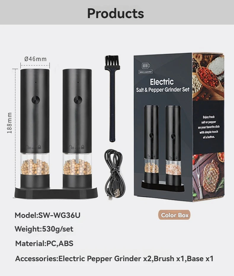 Electric Salt & Pepper Grinder – USB Rechargeable Automatic Spice Mill with Adjustable Grind