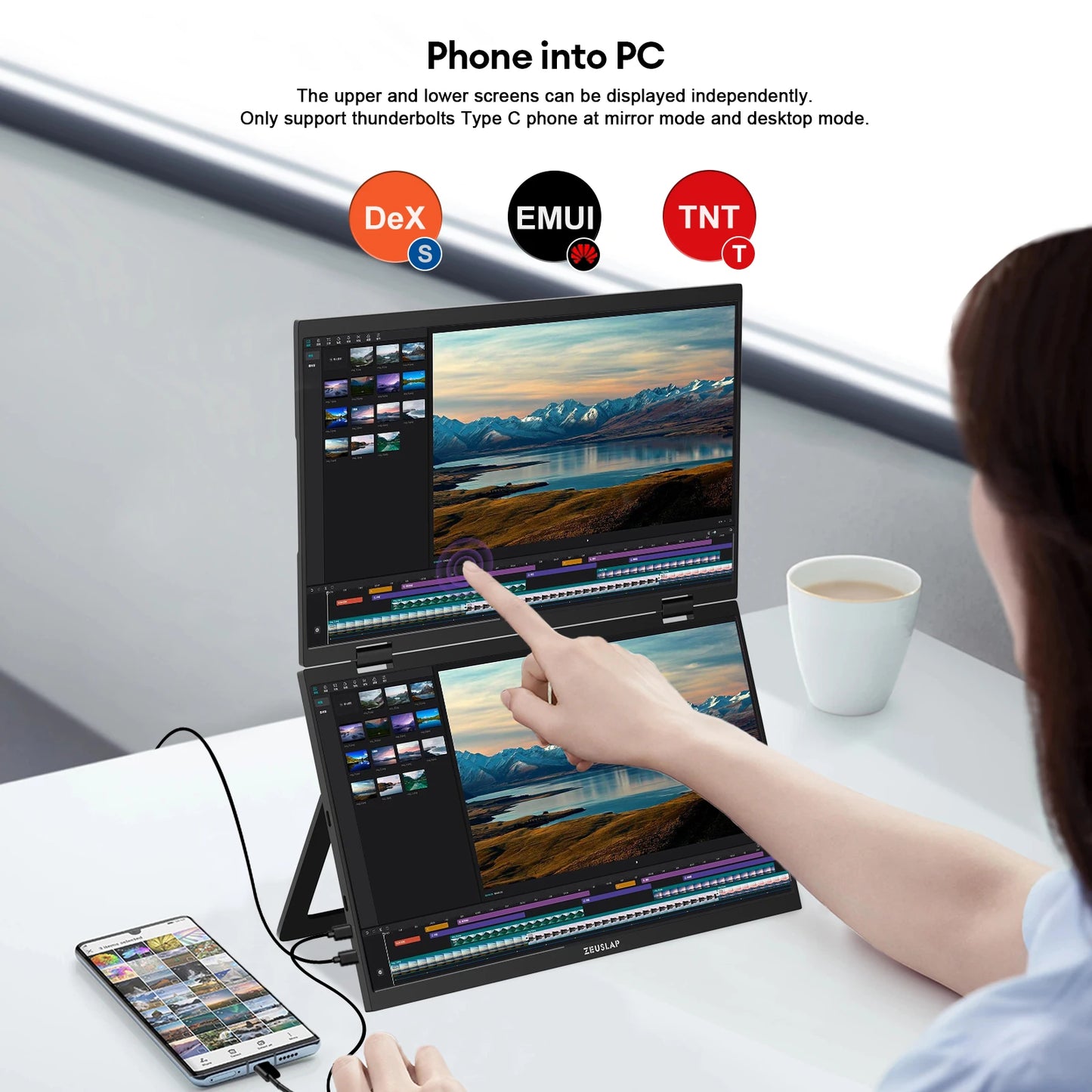 ZEUSLAP Z15WT 15.6″ Dual Touch Portable Monitor | Foldable Laptop Screen Extender | FHD IPS HDR10 | Thunderbolt USB-C