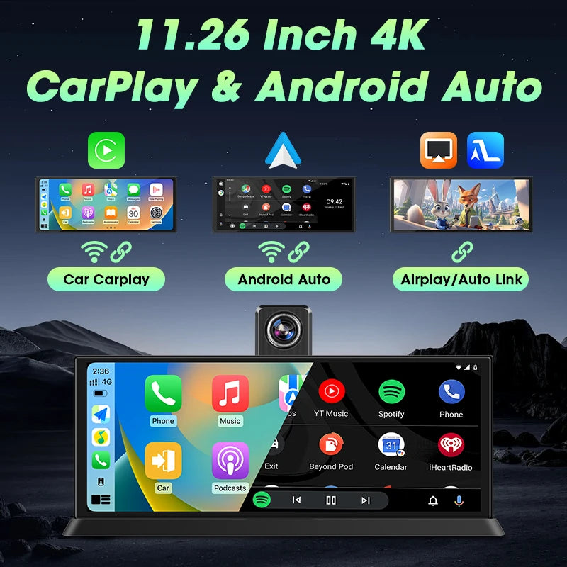 Jansite 10.26"/11.26" Wireless Apple CarPlay & Android Auto Screen with 4K Dash Cam Support