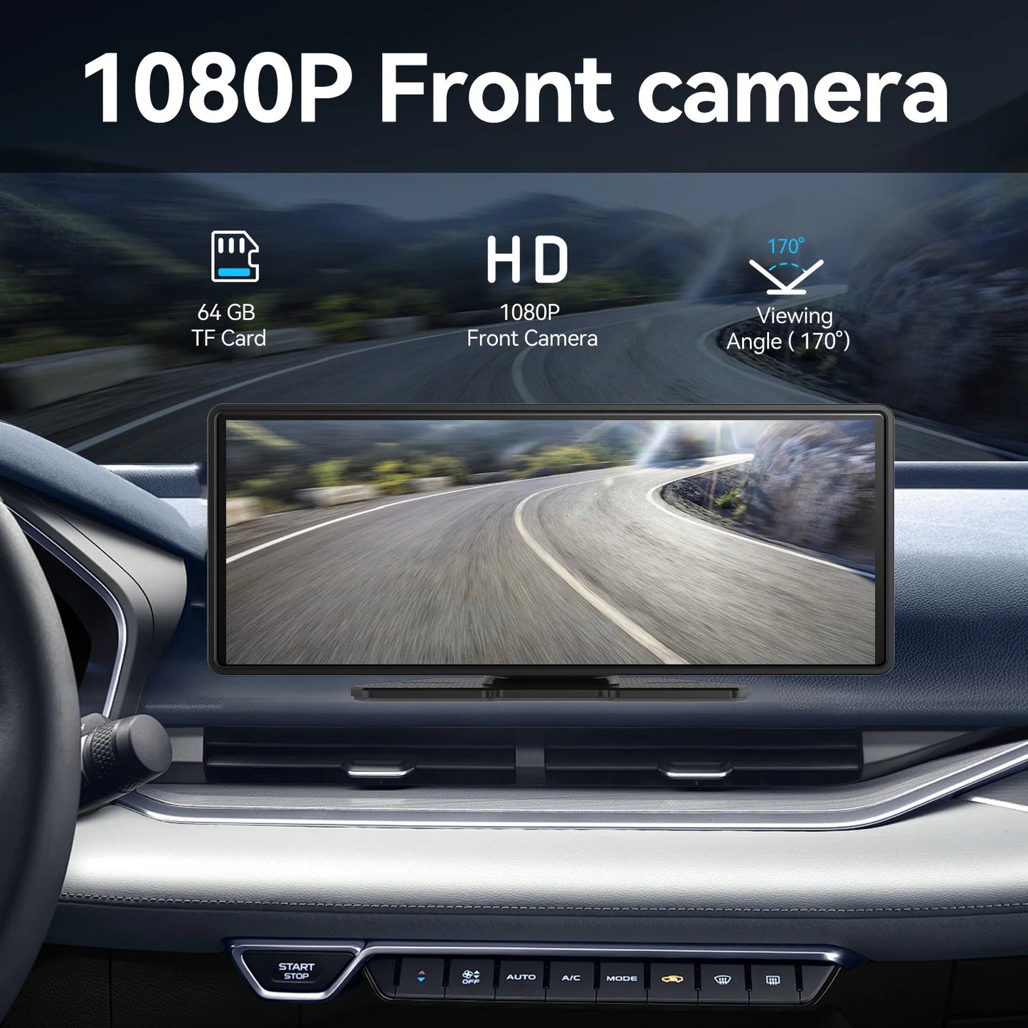 Pionray 10.26” Portable Wireless CarPlay & Android Auto Screen with Dual Camera Support