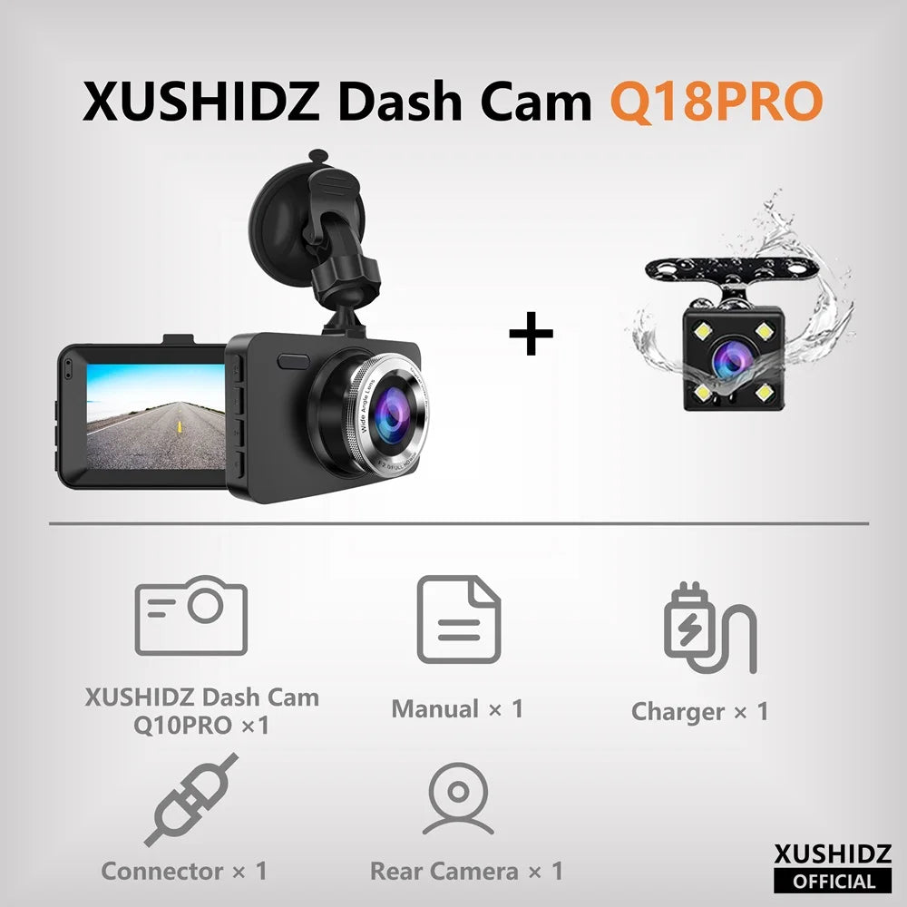 XUSHIDZ Q18 / Q18 PRO 1080P Dash Cam – Dual Camera Car DVR with Night Vision & Parking Monitor