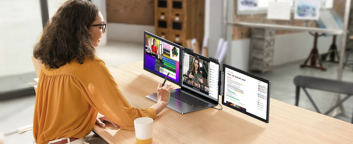 Amoudo 14″ Triple Screen Laptop Extender IPS Monitor | FHD 1920×1080 | USB-C Plug & Play | Portable Dual Screen