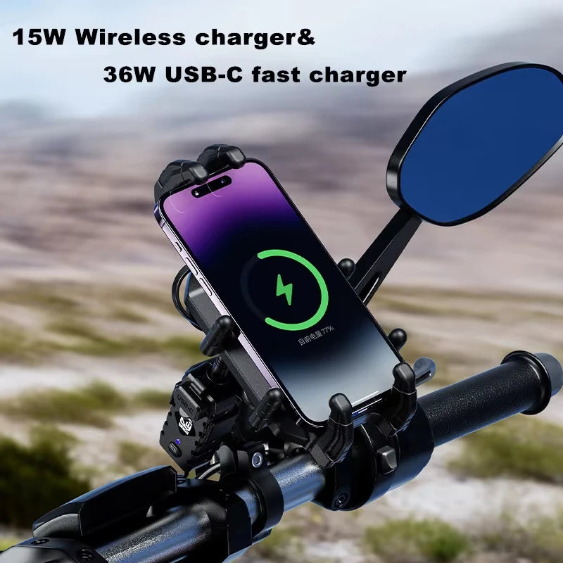 VBNM Motorcycle Phone Holder with Wireless Charging – 15W Qi + 30W USB-C PD