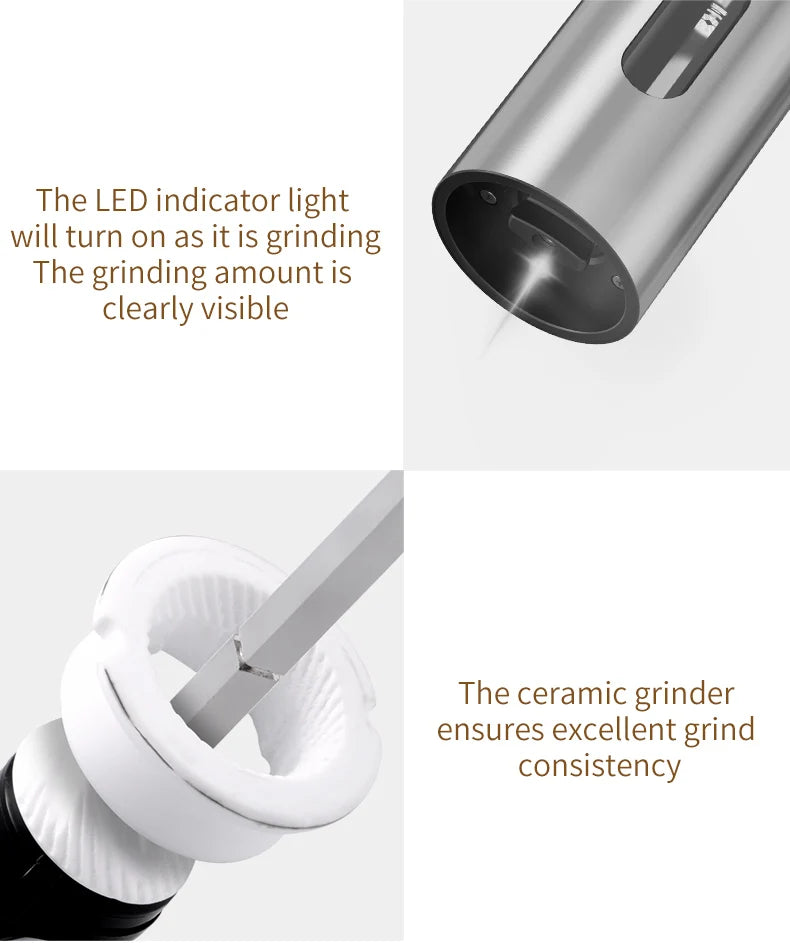 Electric Salt & Pepper Grinder Set – USB Rechargeable Stainless Steel Mills with 6-Level External Coarseness & LED Light (110ml)