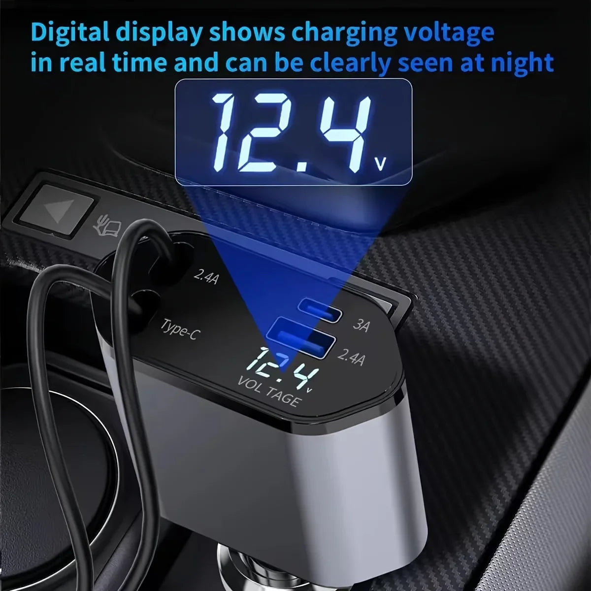 4-in-1 Retractable Car Charger with Starry Sky Ambient Light – USB-C Fast Charging & Dual Built-In Cables (12–24V Universal)