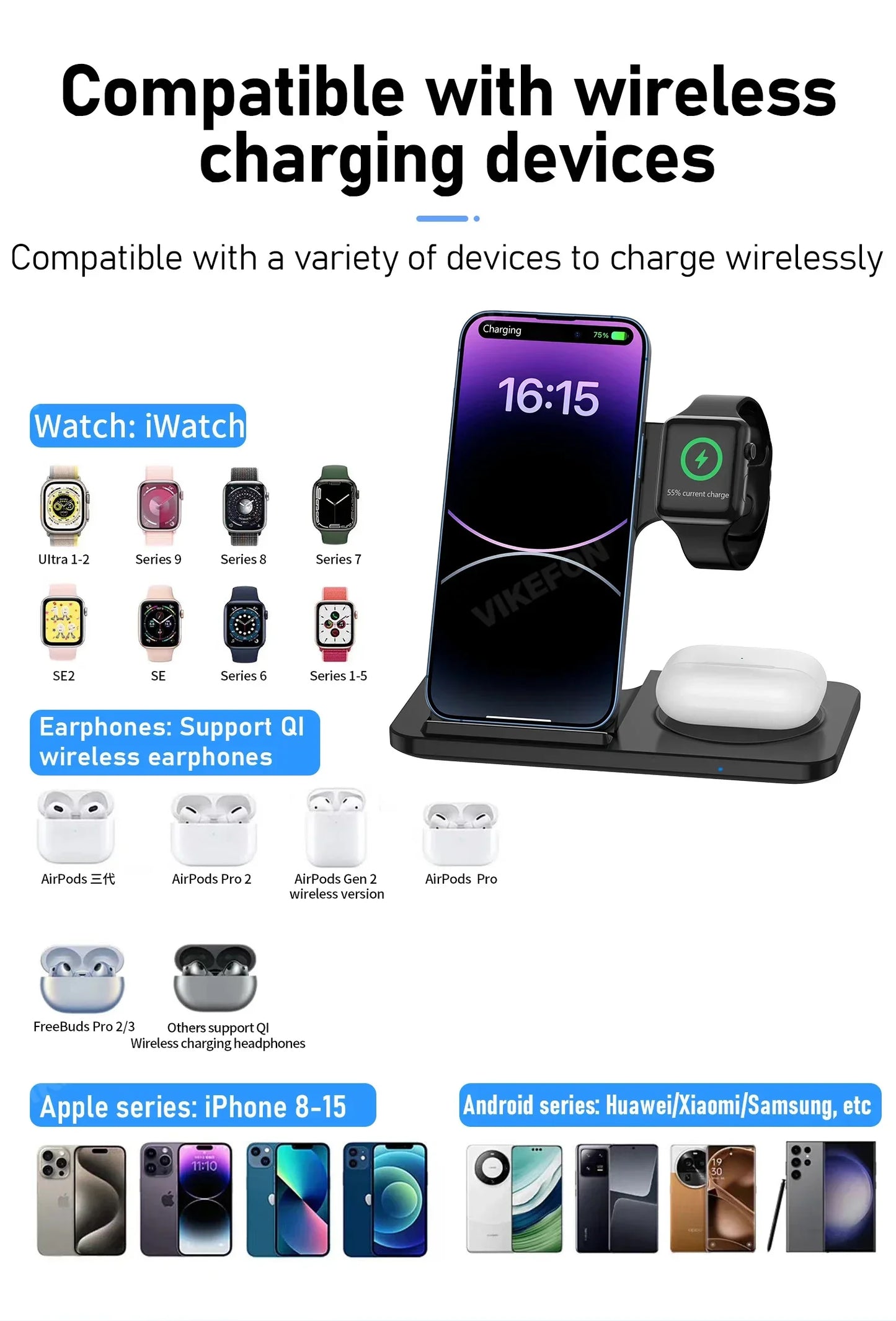3-in-1 Foldable Fast Wireless Charger for iPhone, Watch & AirPods