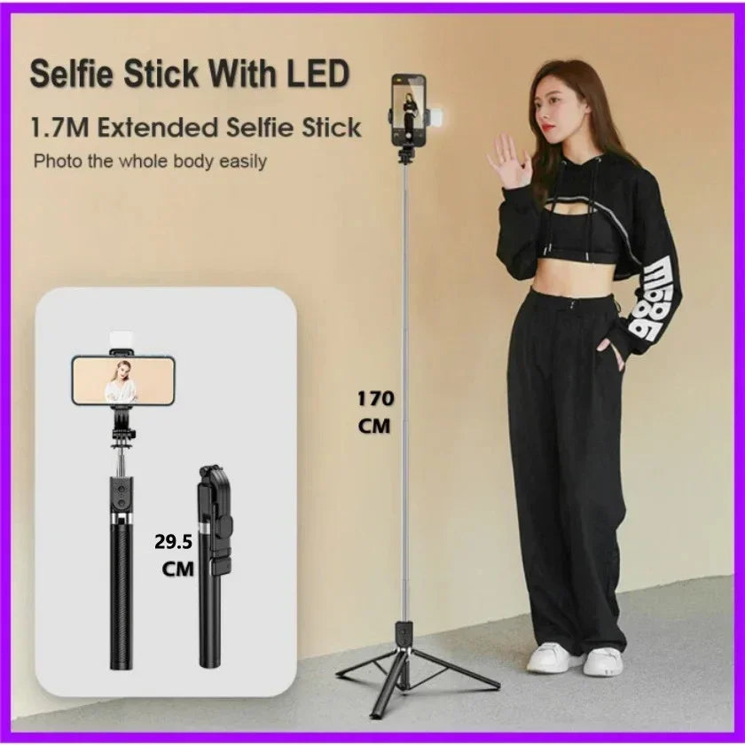 Ultra-Long 1.7m Bluetooth Selfie Stick Tripod – Stainless Steel