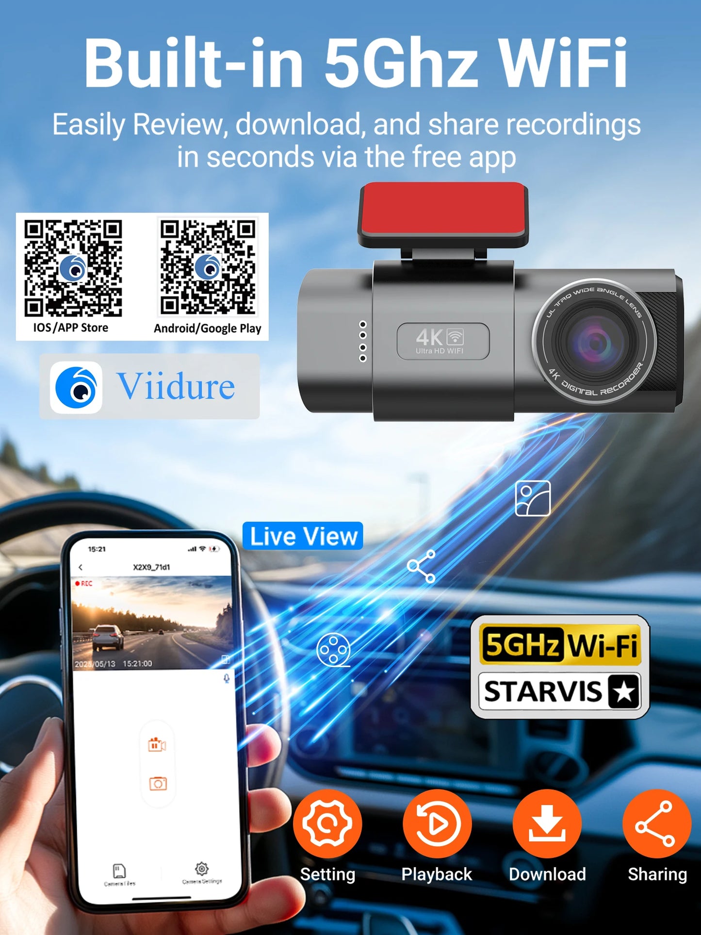 GMAIPOP 4K Dash Cam with GPS – Front & Rear Car DVR, WiFi, Night Vision & Parking Monitor