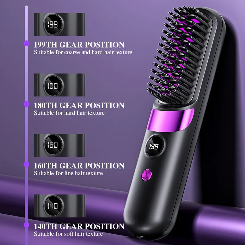 Wireless Hair Straightening & Curling Comb – Rechargeable Ceramic Hot Brush 200°C