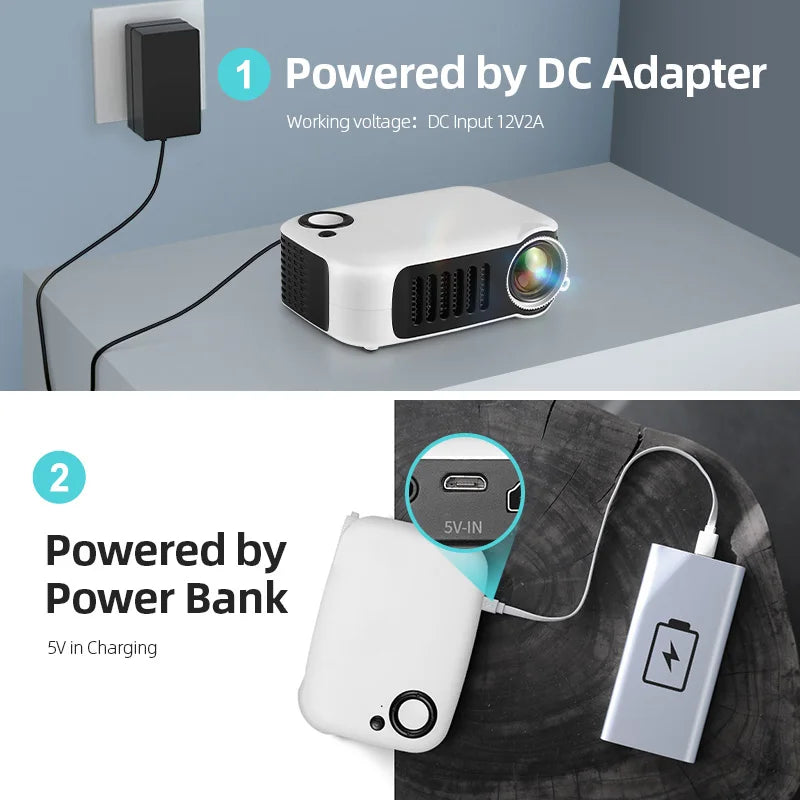 A2000 Compact Mini Projector – 1000 Lumens LED, HDMI Input, Home Entertainment