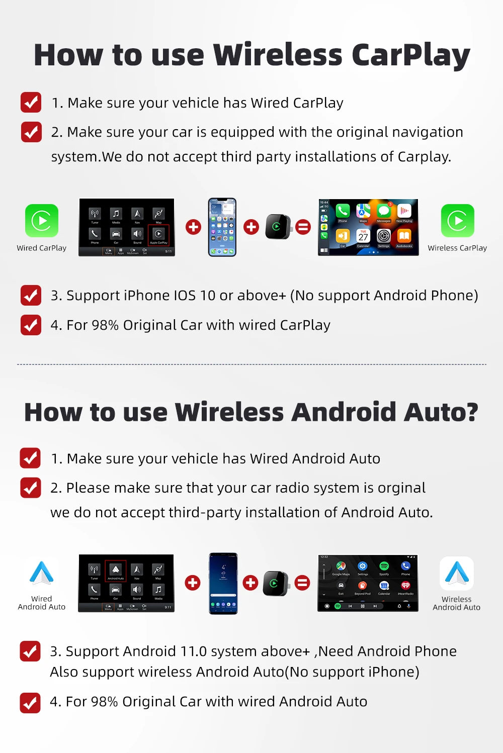 EKIY Wireless CarPlay & Android Auto Adapter – 2-in-1 Wired-to-Wireless USB Smart Dongle with OTA Updates
