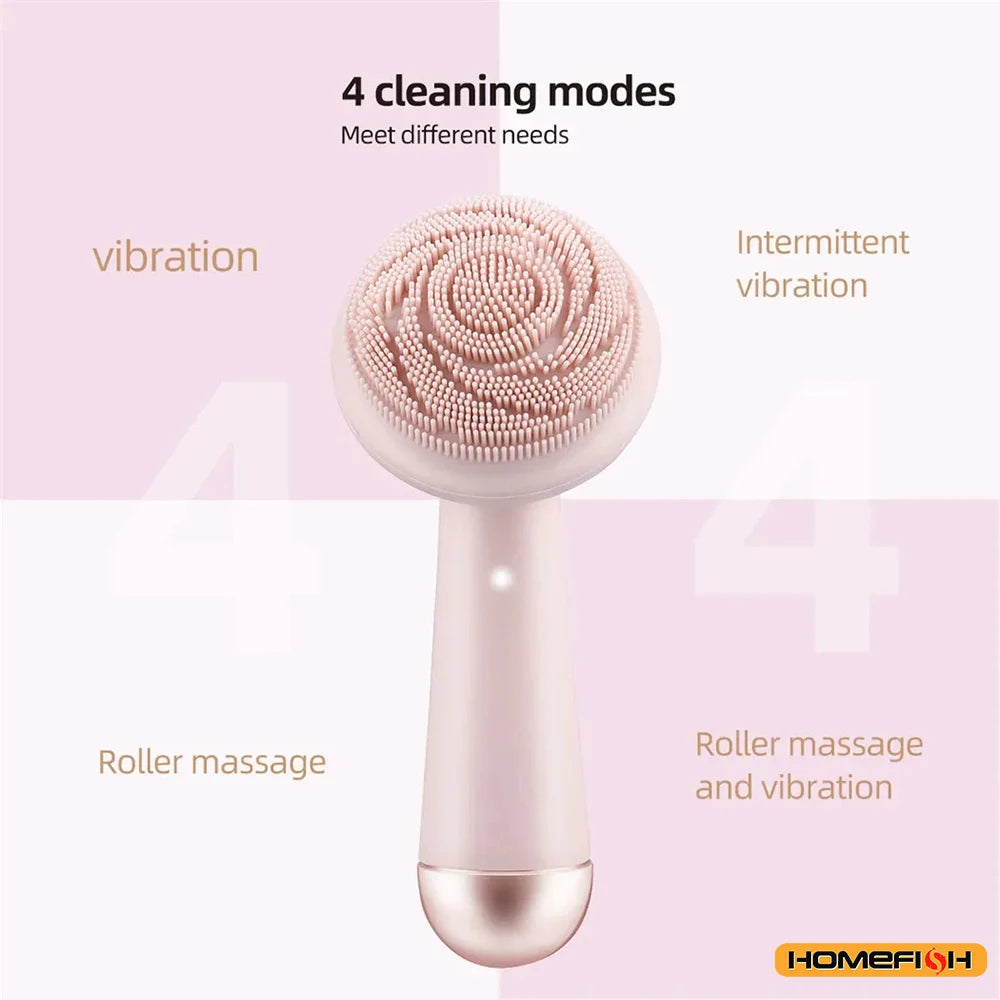 HOMEFISH Electric Facial Cleanser – Silicone Head, 4-Mode Vibration & Roller