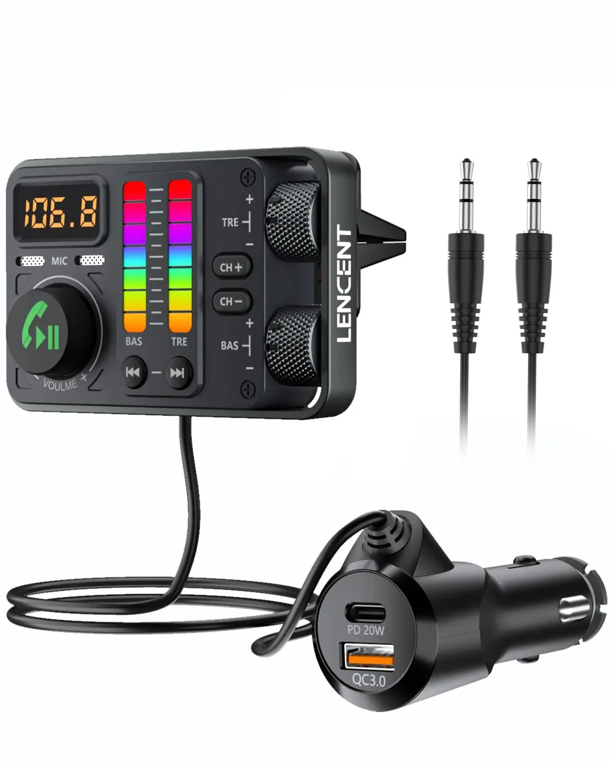 ENCENT MT03 Bluetooth FM Transmitter – PD 20W & QC3.0 43W Fast Car Charger, Dual Mic Hands-Free, Music Streaming