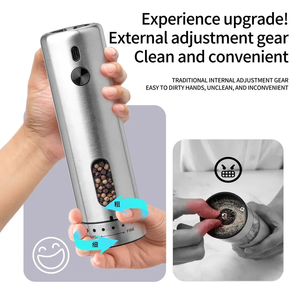 FLYMUYU Electric Salt & Pepper Grinder – Rechargeable Stainless Steel Spice Mill with Adjustable Coarseness & LED Light