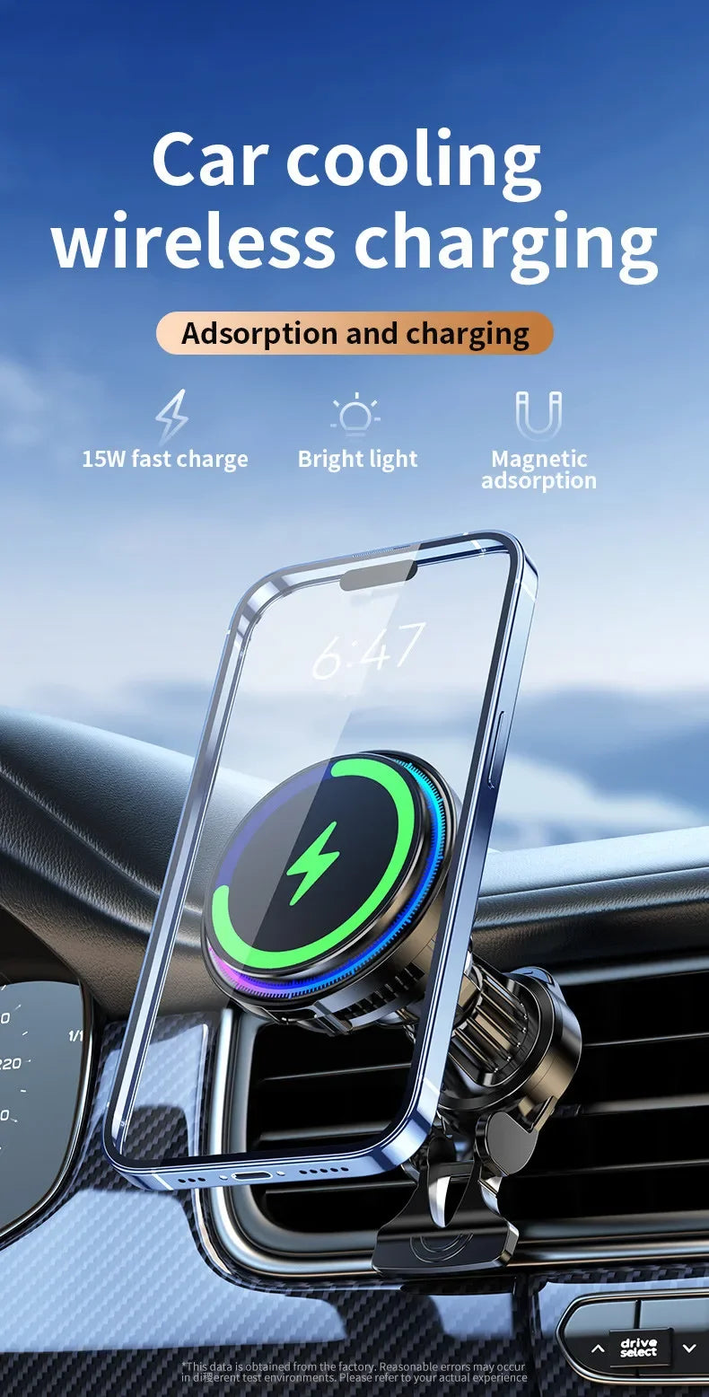 VIKEFON MagSafe Car Mount Charger 30W with Dual Cooling & LED Lights for iPhone