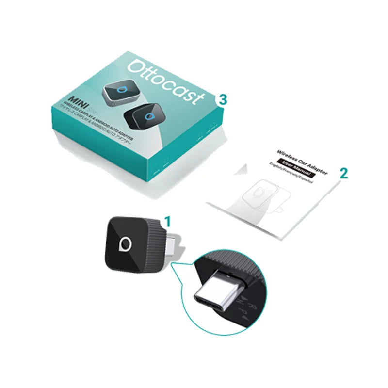 OTTOCAST Mini Slim Wireless CarPlay & Android Auto Adapter – Plug & Play BT 5.0, Linux System (For Wired CarPlay Cars Only)