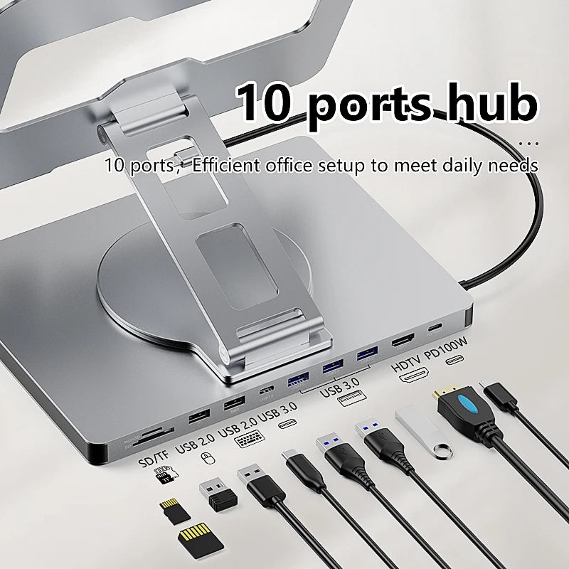 Aluminum Laptop Stand Hub 10-in-1 – USB-C Dock with 4K@60Hz HDMI, SD/TF & RJ45