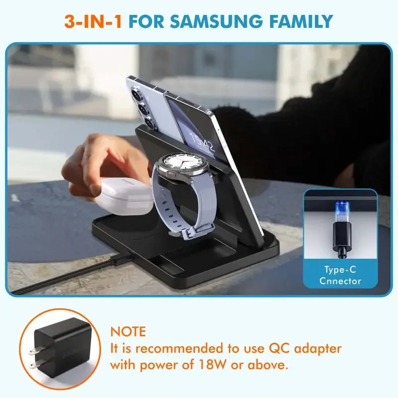 VIKEFON Foldable 3-in-1 Wireless Charger with Cooling Fan for Samsung Devices