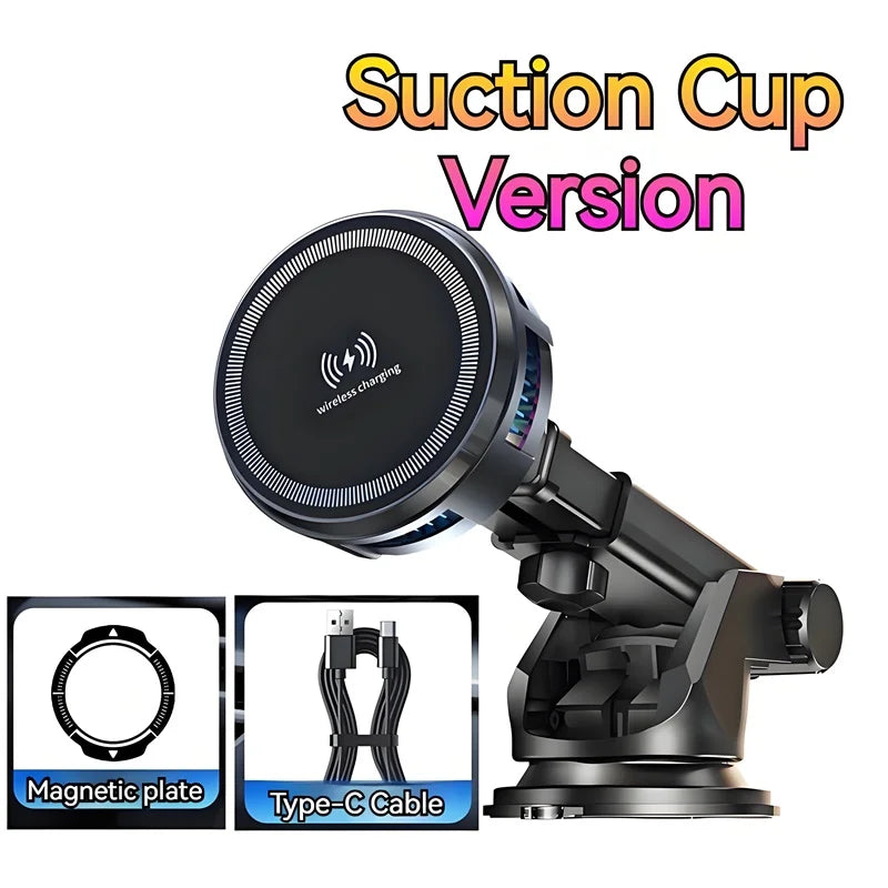 15W Magnetic Wireless Charger Car Mount with Semiconductor Cooling & RGB