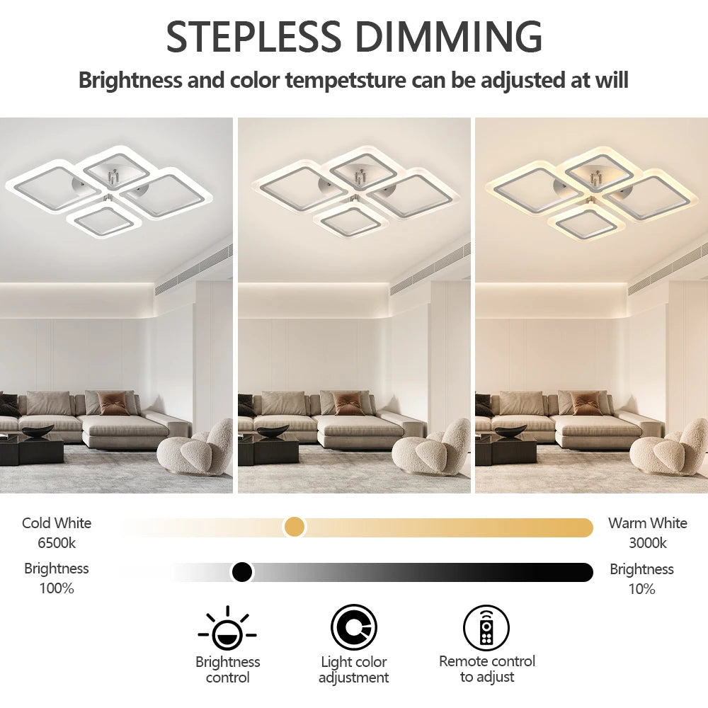 Jelena Modern Square LED Ceiling Lamp | Smart Dimming, 4–10 Head Options
