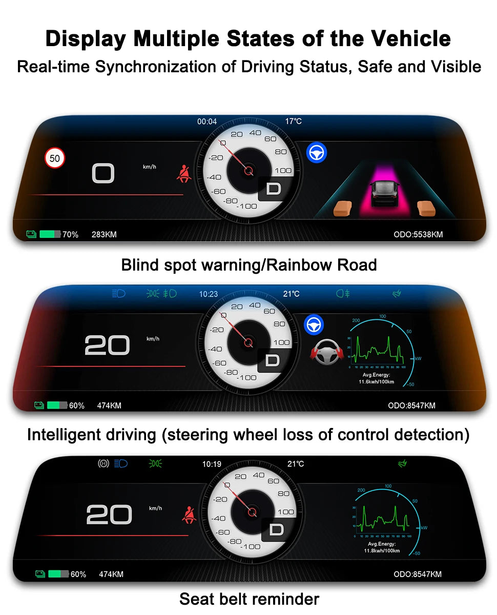 Onlysay 9.66″ Tesla Instrument Cluster Display for Model 3 & Model Y – Wireless CarPlay & Android Auto, Blind Spot Warning, OTA Updates
