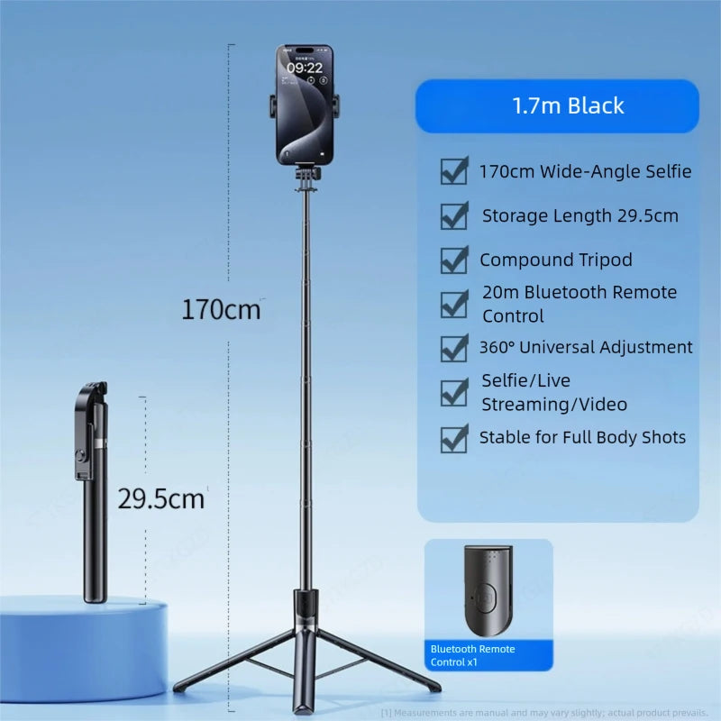 Ultra-Long 1.7m Bluetooth Selfie Stick Tripod – Stainless Steel