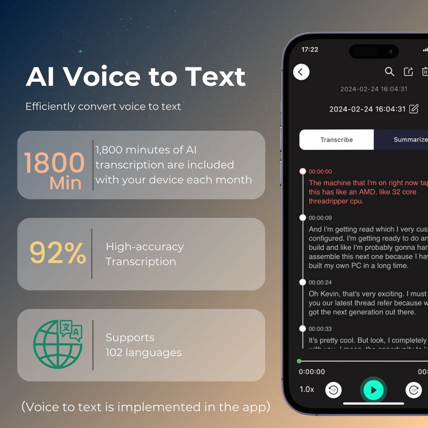 AI Voice Recorder 64GB – 30H Battery, WAV Audio, App-Powered Transcription