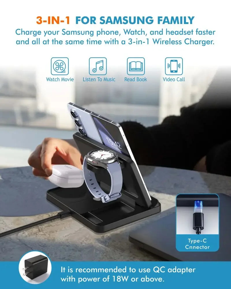 VIKEFON Foldable 3-in-1 Wireless Charger with Cooling Fan for Samsung Devices