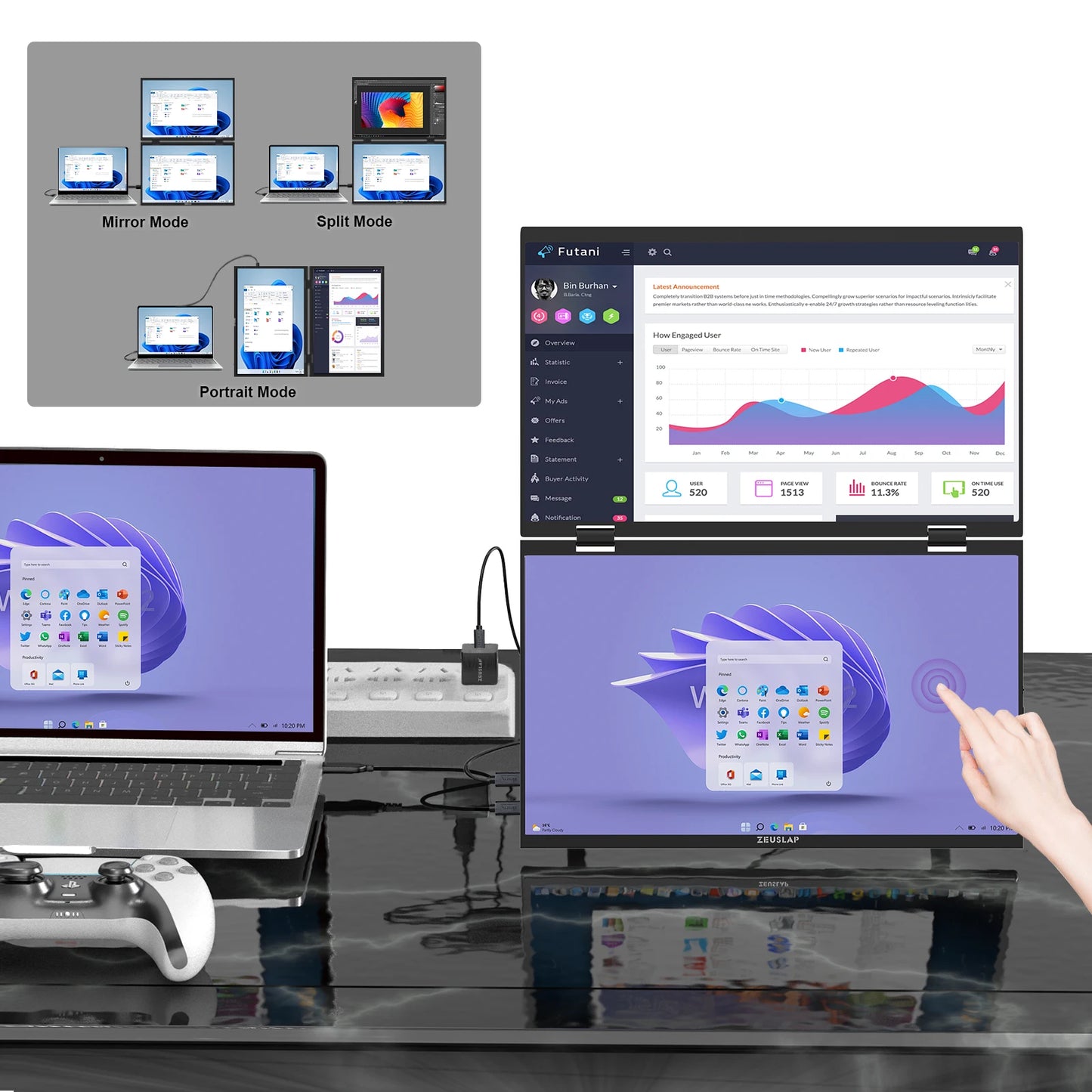 ZEUSLAP Z15WT 15.6″ Dual Touch Portable Monitor | Foldable Laptop Screen Extender | FHD IPS HDR10 | Thunderbolt USB-C