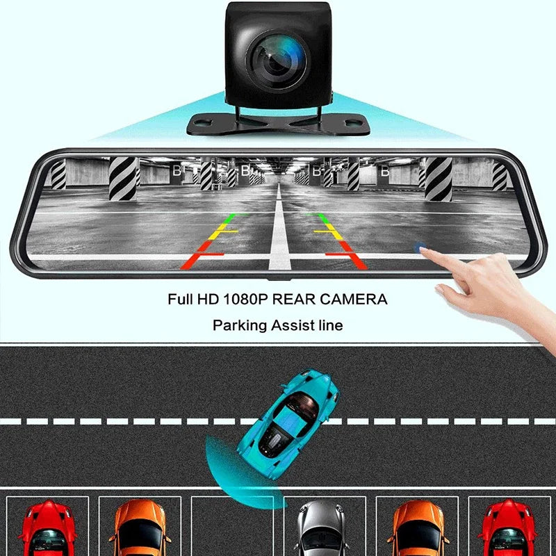 10″ 4K Rearview Mirror Dash Cam with WiFi & GPS – Front 4K + Rear 1080P Streaming DVR