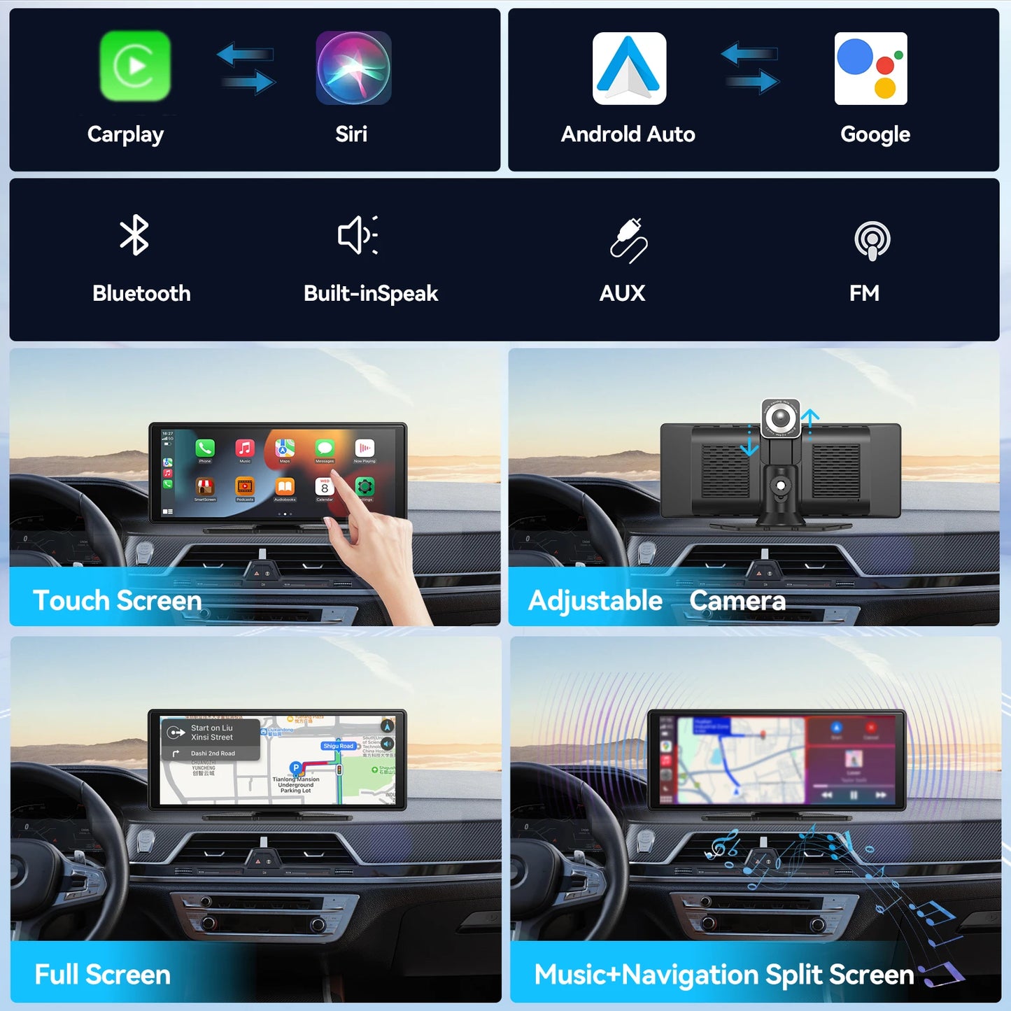 Pionray 10.26” Portable Wireless CarPlay & Android Auto Screen with Dual Camera Support