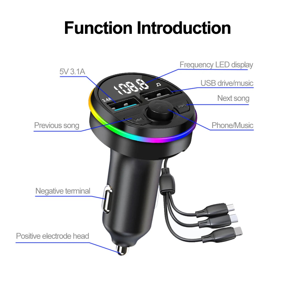 Car Bluetooth FM Transmitter with Dual USB Phone Charger – Hands-Free Music & Calls (12V, CE Certified)
