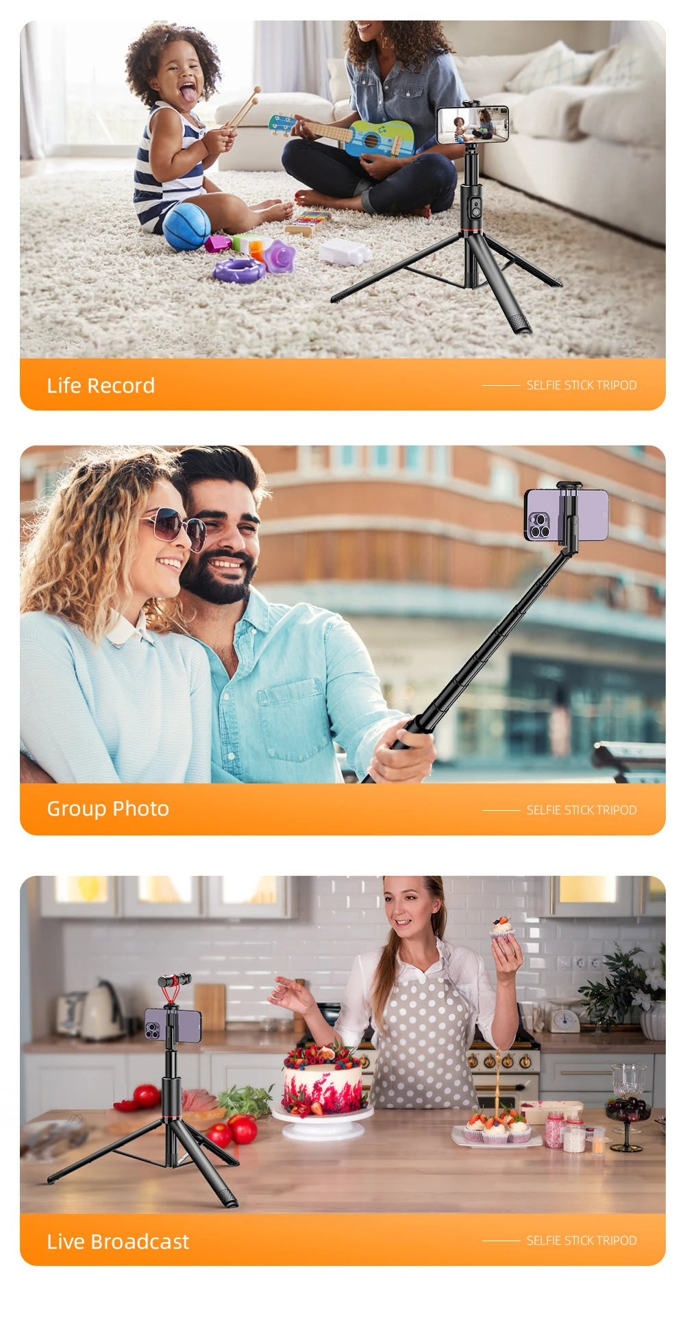 Hidden-Design Bluetooth Selfie Stick Tripod 183cm with Cold Shoe