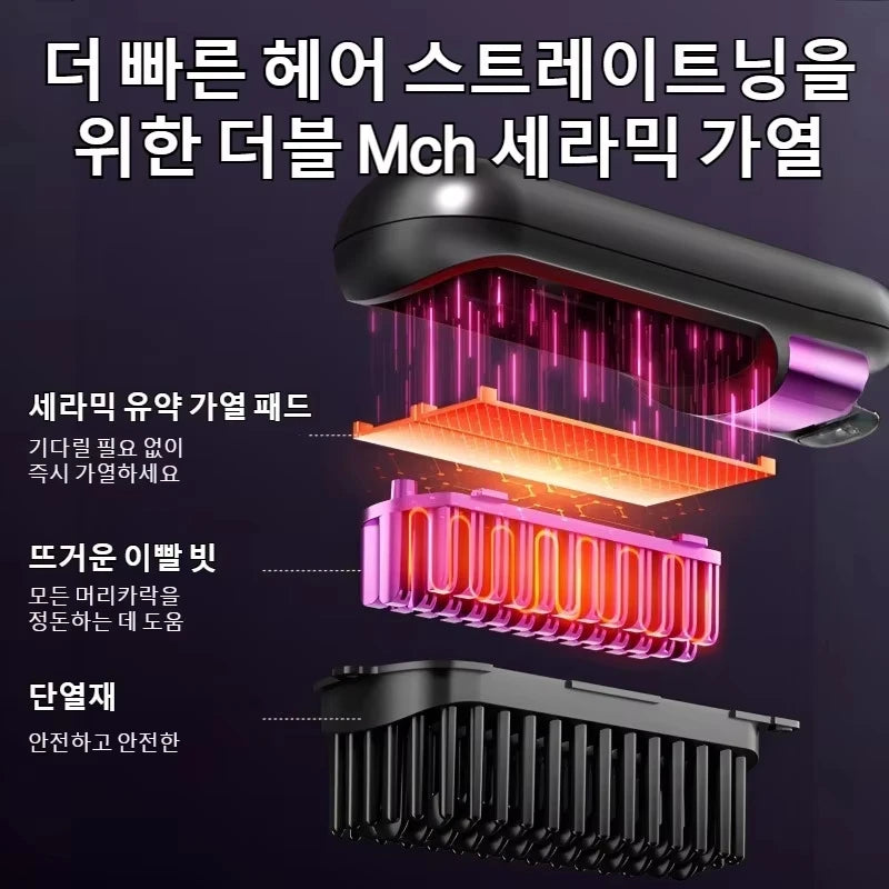 Wireless Hair Straightening & Curling Comb – Rechargeable Ceramic Hot Brush 200°C
