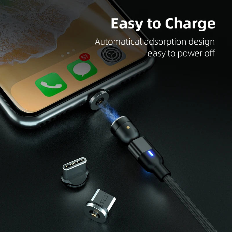 540° Rotating Magnetic Charging Cable | 3-in-1 USB-A to Type-C / Micro USB / Lightning