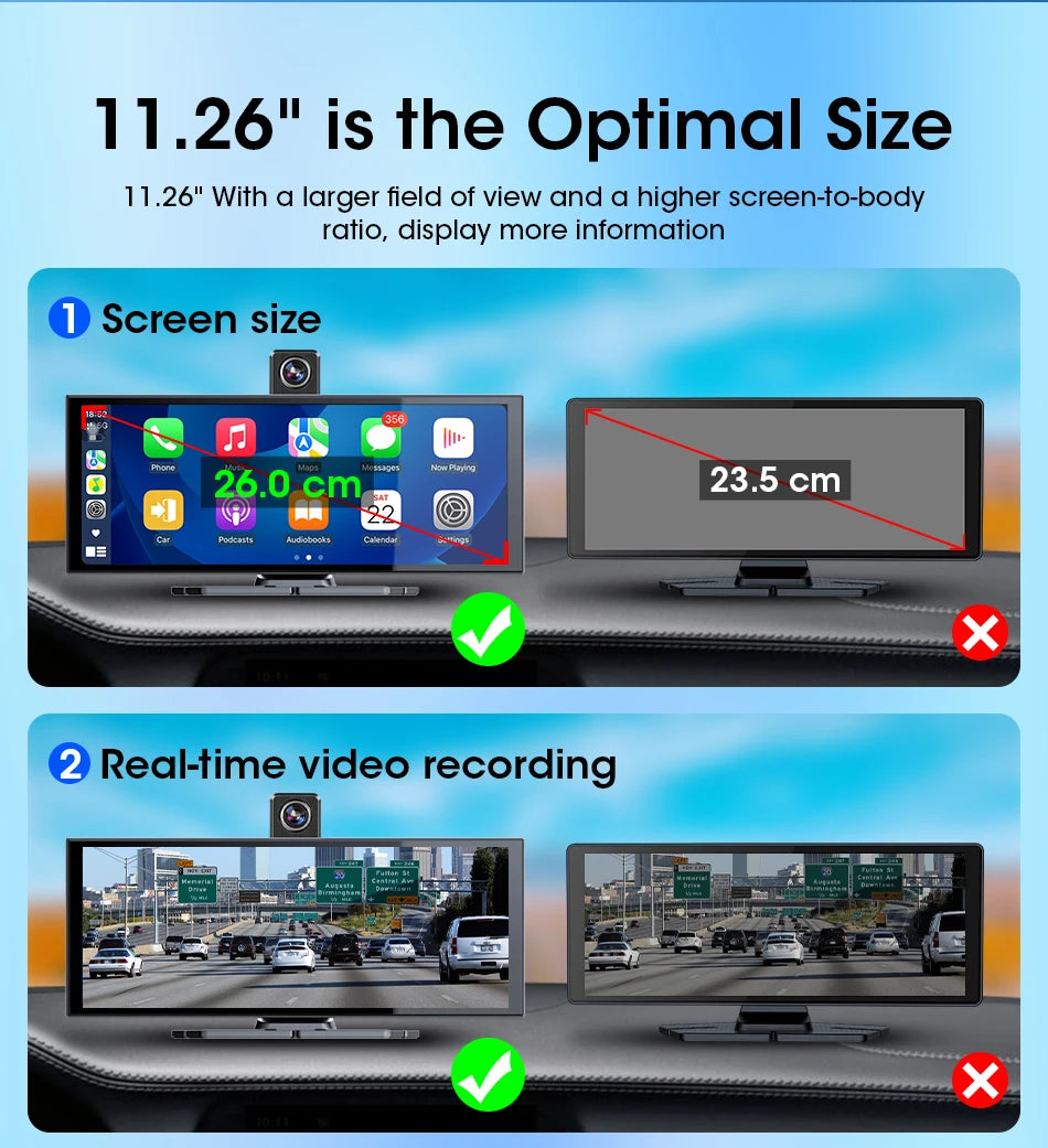 T369 11.26″ Wireless CarPlay Screen with 4K Rotatable Camera
